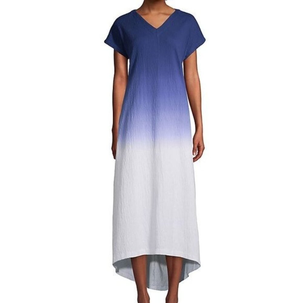 NWT Lands End Womens White Navy Ombre Crinkle Knit High Low Dress 1X 16W 18W